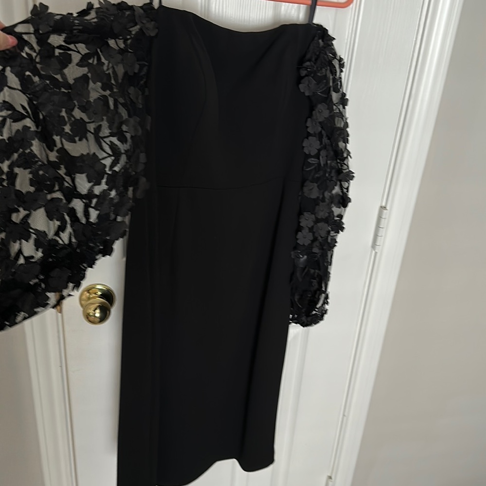 Black, Knee length Dress with floral appliqué sleeves, LBD